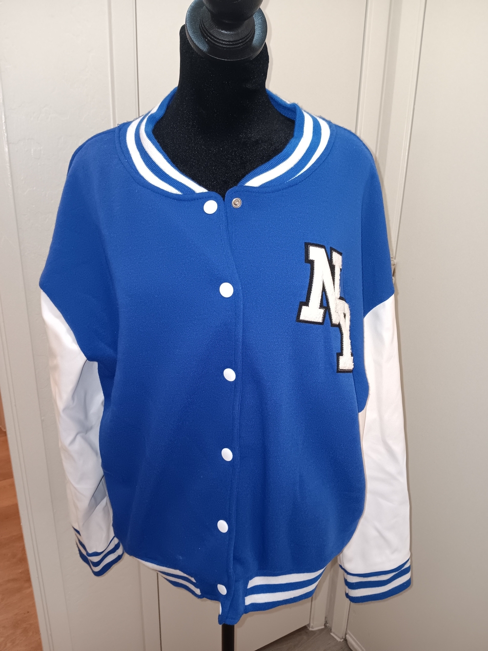 Blue and White Varsity Jacket with Letter Patch